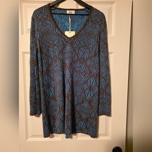 Blue and Brown Patterned Midi Sweater Dress